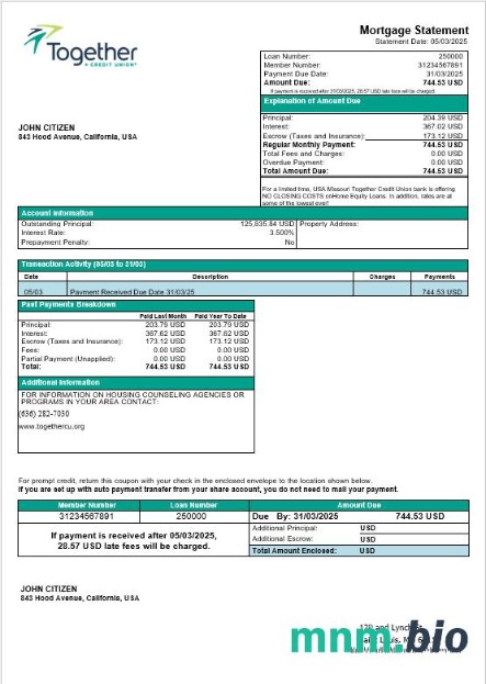 USA Missouri Together Credit Union wyciąg z kredytu hipotecznego w formatach Word i PDF